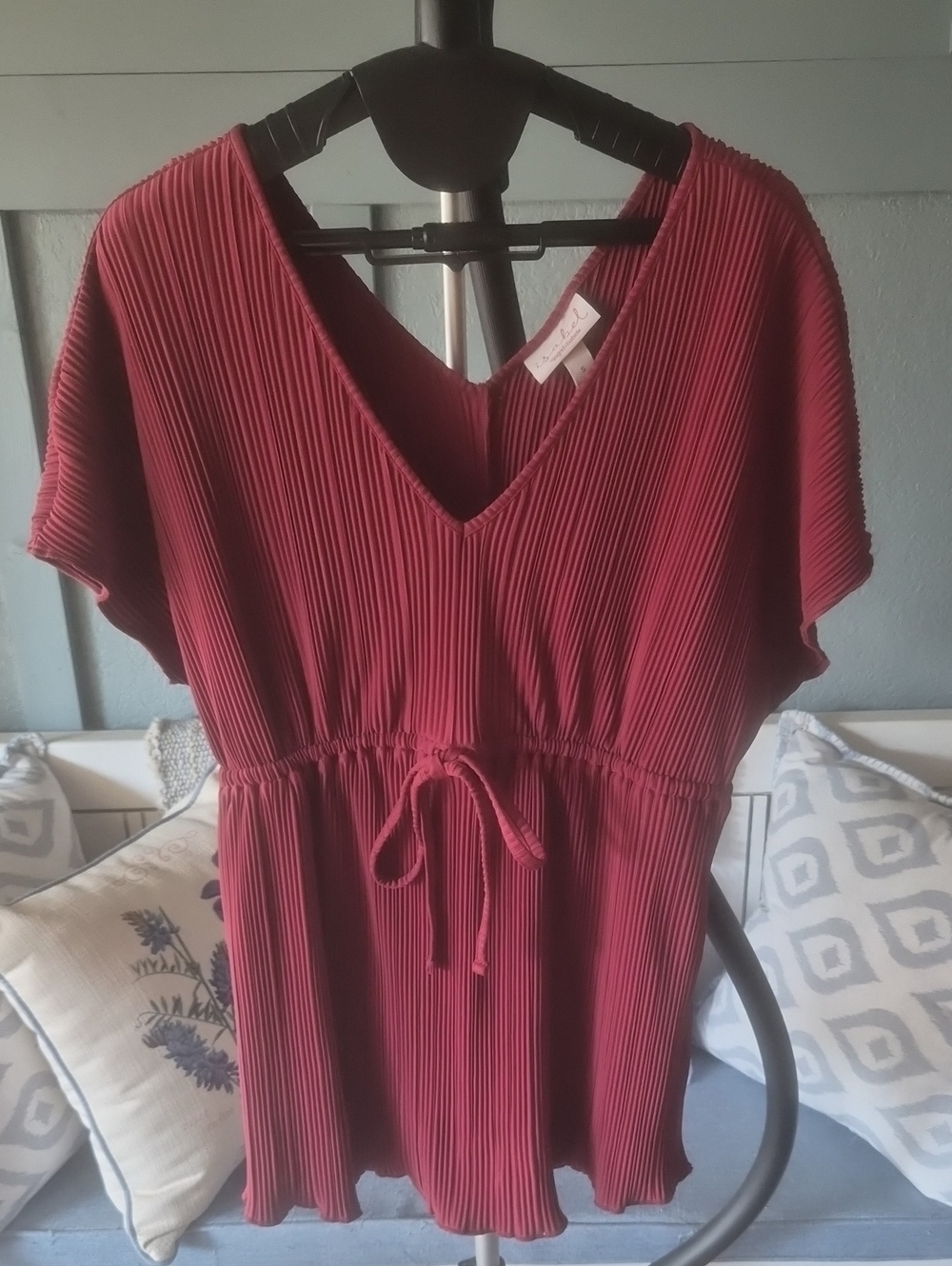 Pleated V-Neck Midi Dress with Tie Waist - Wine